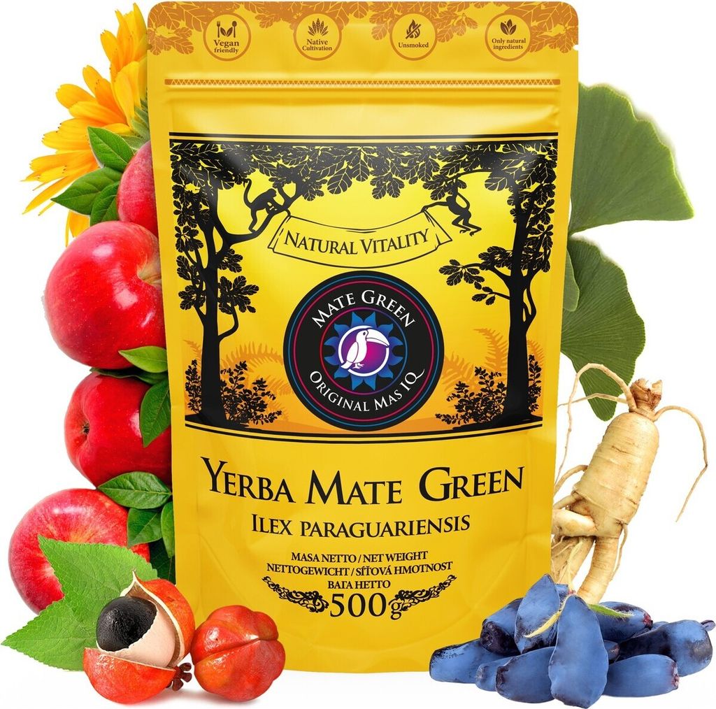 Yerba Mate Green Sin Humo Original Mas IQ 500g - Brasilianisch yerba mate tee mit Guarana, Ringelblume, Apfel - Brasilian mate tee loose leaf 0,5kg