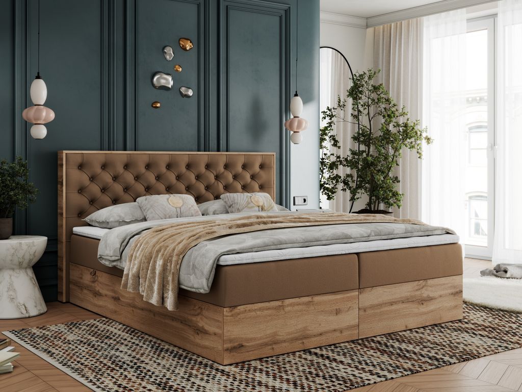 Boxspringbett, Deko, Doppelbett, Polsterbett mit Bettkästen und Multipocket-Matratze, Eiche Wotan holzrahmen - Albero-3 - 140x200cm - Braun Kunstl...