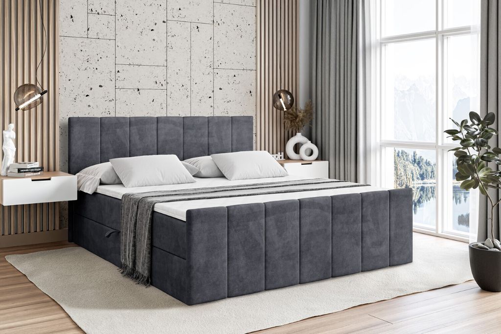 ALTDECOR Boxspringbett mit Fußteil, H3 Matratze und Topper - 160x200 cm - MOETI-Z - Dunkelgrau Samt - Polsterbett mit Bettkasten und Lattenrost, B...