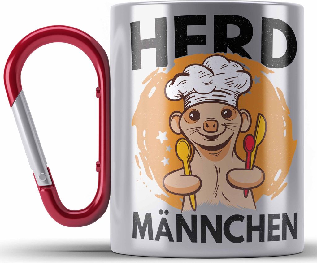 Trendation - Herd Männchen Koch Geschenk Edelstahl Tasse Karabiner Sternekoch Geschenkidee Lustiger Spruch Sei Nett Zu Mir Ich Koche Dein Essen (Rot)