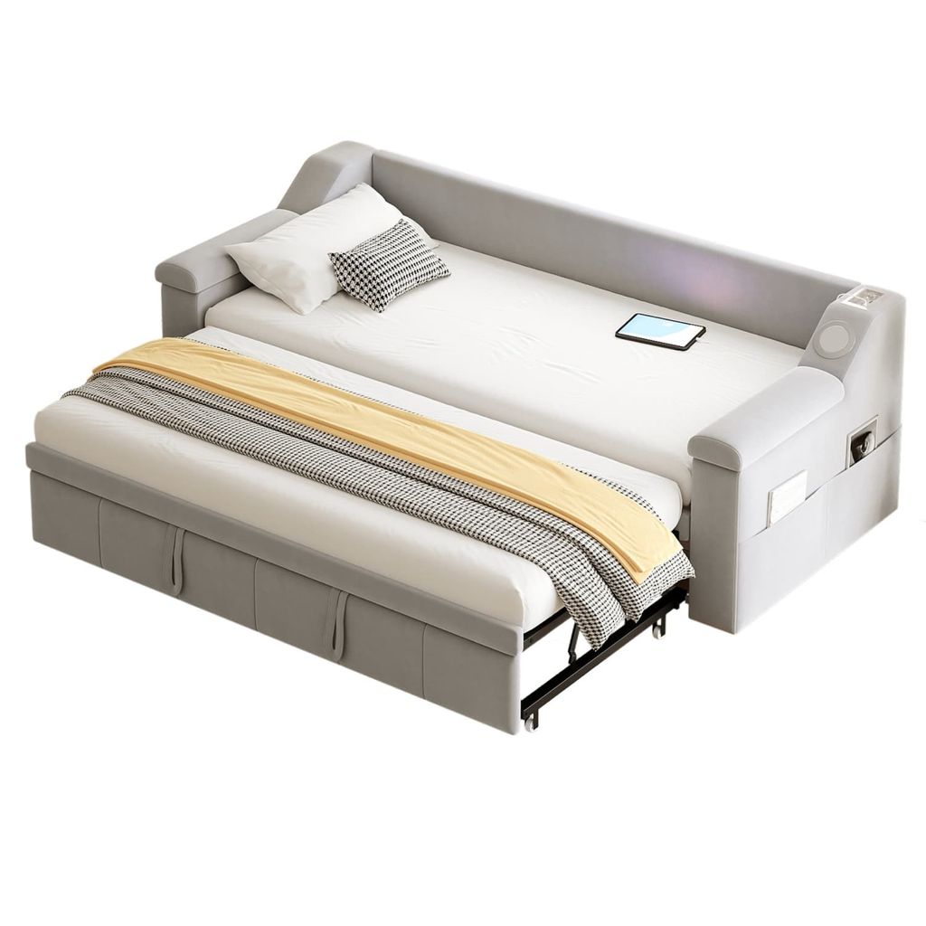 Polsterbett Schlafsofa(Hellgrau)Armlehnen Breiter und Dicker,Smart Bluetooth-Stereoanlage Mit USB-Ladeanschluss,Mit Ablagefächern,Lattenrost,Samts...