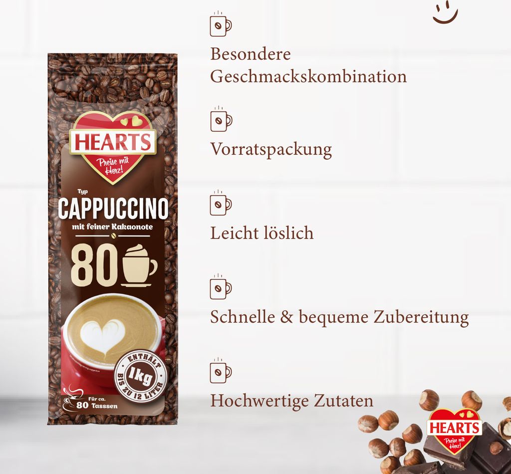 HEARTS Cappuccino mit feiner Kakaonote 1kg Instantkaffee Produktbild 5