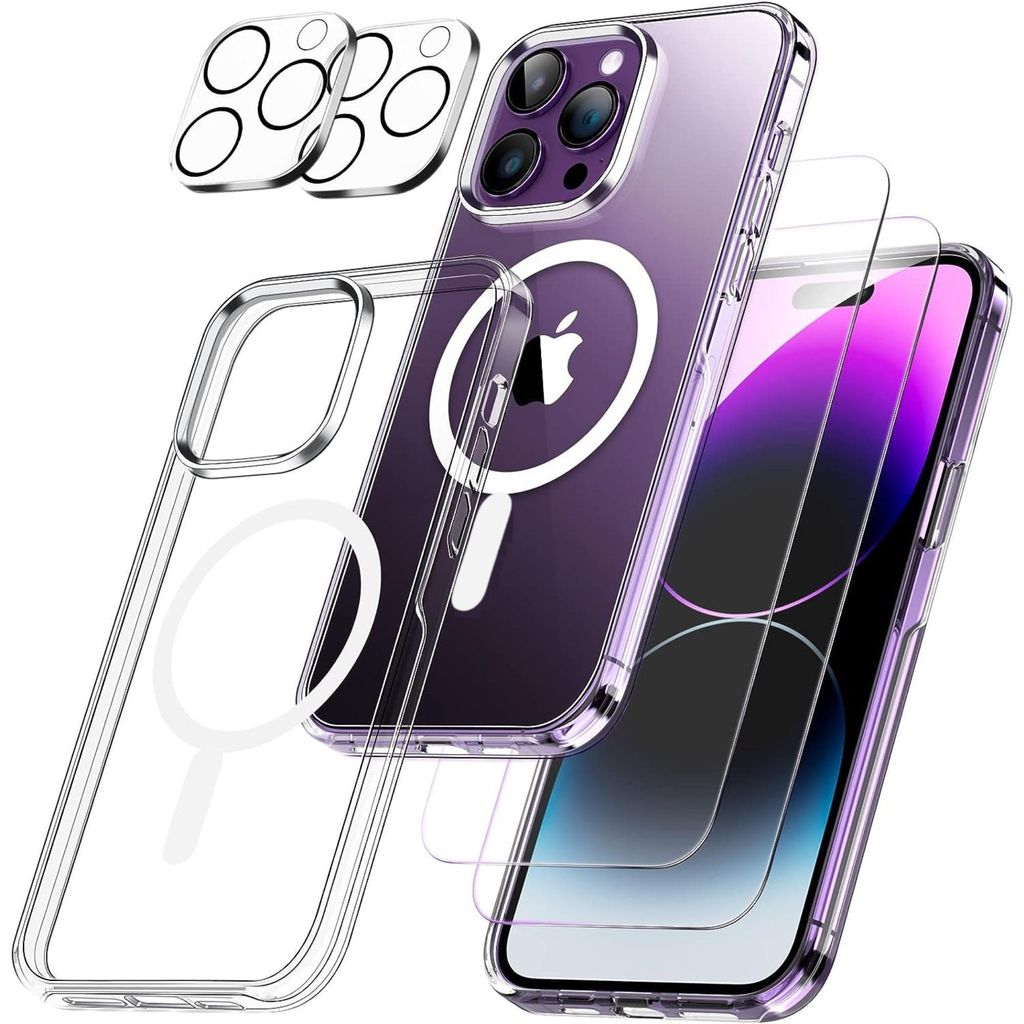 Hülle für iPhone 15 PRO und 2 gehärtete Displayschutzfolien und 2 Kameraschutzfolien – integrierter Magnetring Phonillico