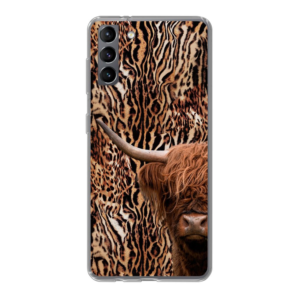 MuchoWow Handyhülle Schutzhülle Hülle für Samsung Galaxy S21 Plus Schottischer Highlander - Kuh - Pantherdruck Silikon Softcase Handy Hülle ...