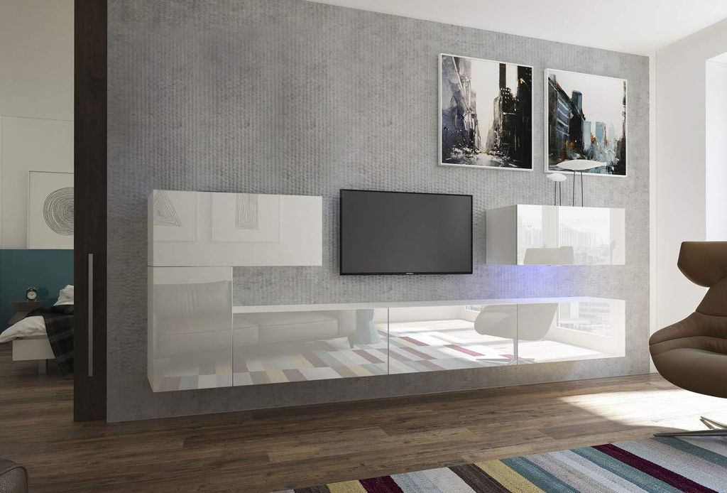 Furnitech Wohnwand Wohnzimmer - Wohnzimmer Möbel mit LED Blau - Hängend Wohnwand Modern - Wohnzimmer Schrankwand mit Regale und TV Schrank (AN12-...