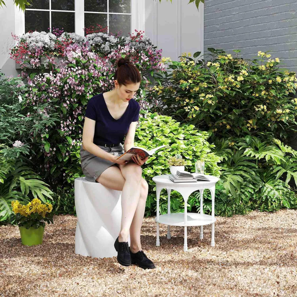 Petit tabouret de jardin robuste 120kg blanc résistant aux intempéries