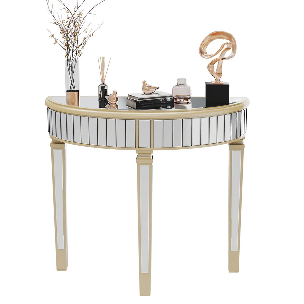 A mirrored console table with decorative items on top, presented on a white background.