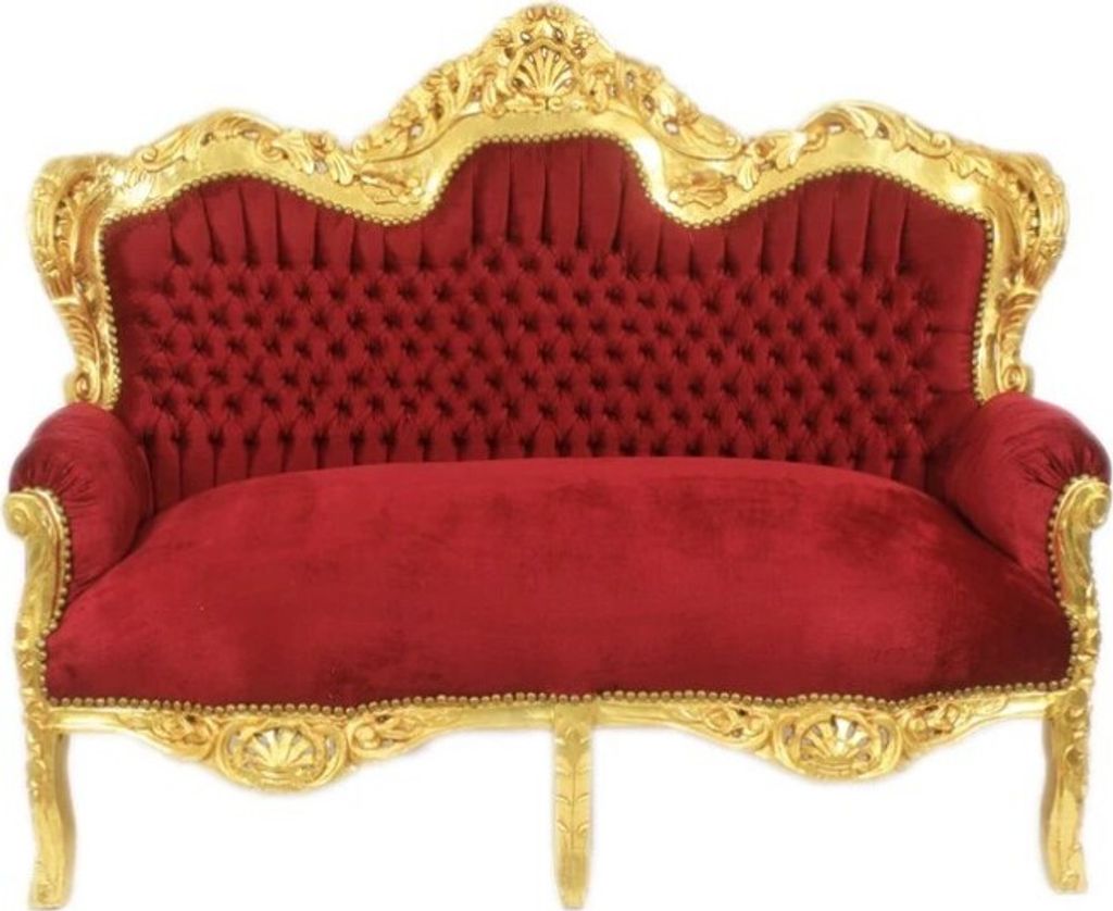 Barocksofa Barock Sofa Armlehne 2 Sitzer Rot Gold Stoff Esszimmer Wohnzimmer Büro Flur Klassisch Barock Premium Luxus Modern Retro Royal Antik Thron