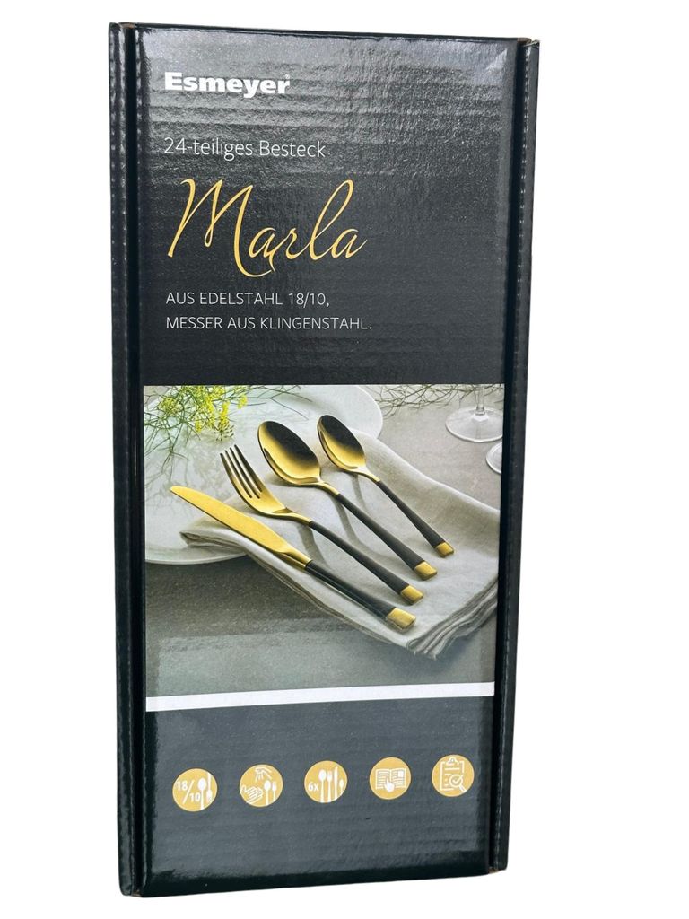 A product box for a cutlery set, featuring an image of the cutlery and brand information.