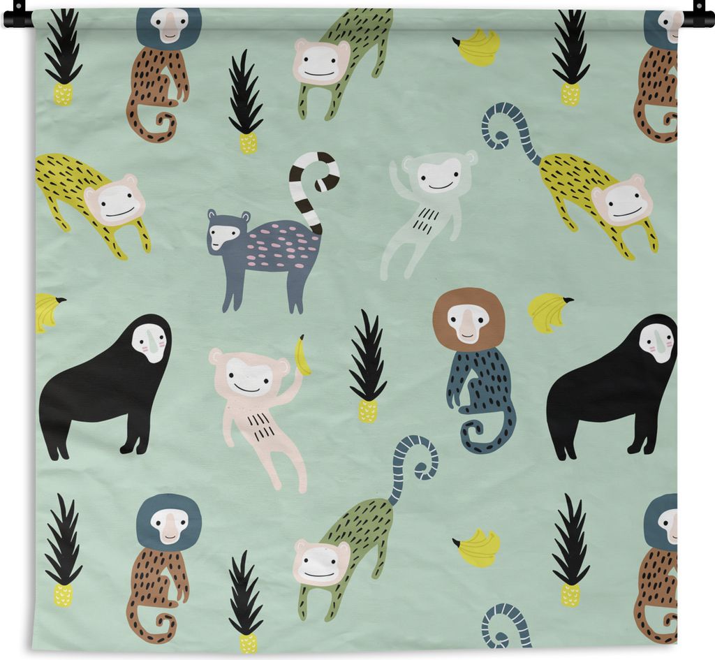 MuchoWow Wandteppich Wandbehang Affe - Obst - Grün 150x150 cm Tapisserie Dekoration Wandtuch - Wohnaccessoires - Modernes