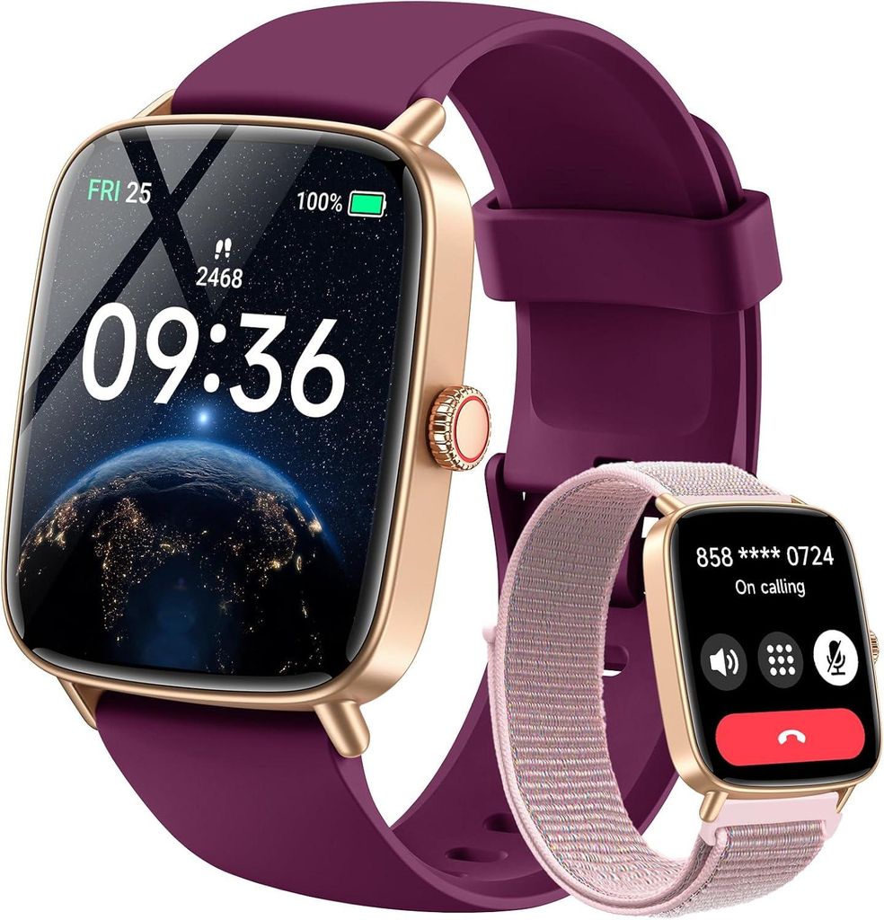 Smartwatch Damen mit Telefonfunktion 1.85" 2 Armbänder Fitnessuhr Fitness Tracker Herzfrequenz/SpO2/Schlaf/IP68 Wasserdicht Sportuhr Schrittzähle...