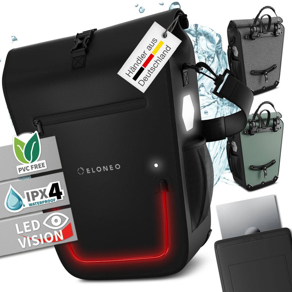 ELONEO Fahrradtasche für Gepäckträger mit LED Licht und Produktbild 