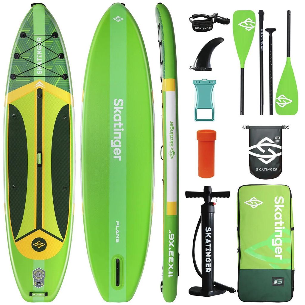 SUP SKATINGER Plan S Grün 335x84x15 cm (11') Touring Board inklusive sämtlichem Zubehör