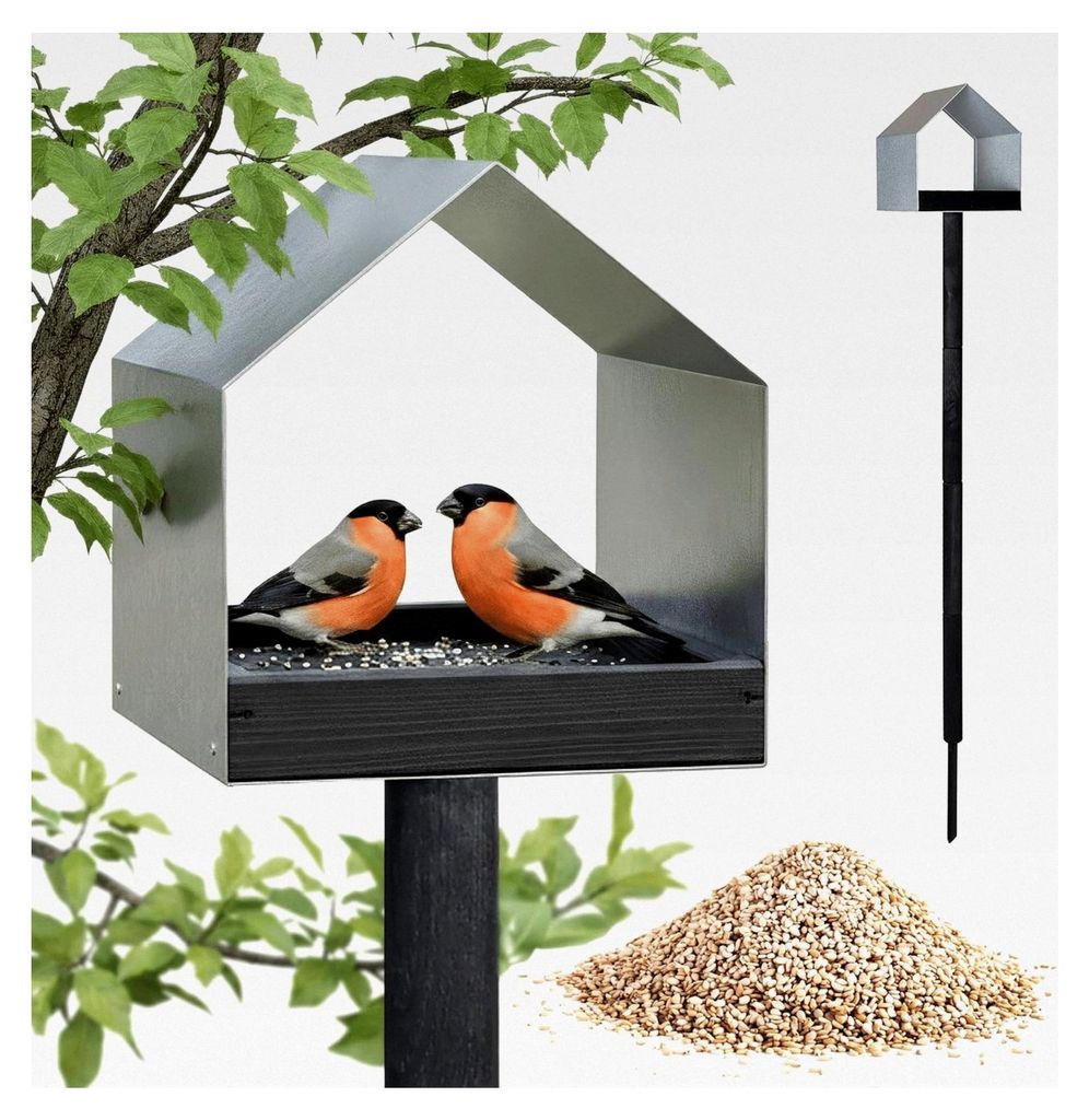 Vogelhaus Futterstation für Vögel mit Ständer aus Kiefernholz und verzinktem Blech