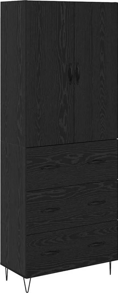 Buffet haut 2 pièces noir aspect chêne et verre - Meuble de rangement scandinave