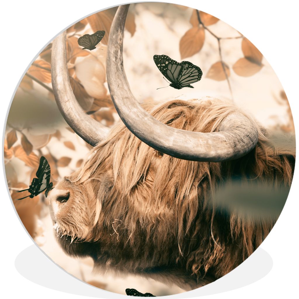 MuchoWow Rundes Wandbild - Runde Bilder Schottischer Hochländer - Schmetterling - Blätter Ø 60 cm Kreis Wanddekoration Kunststoff - Wandkreis ...