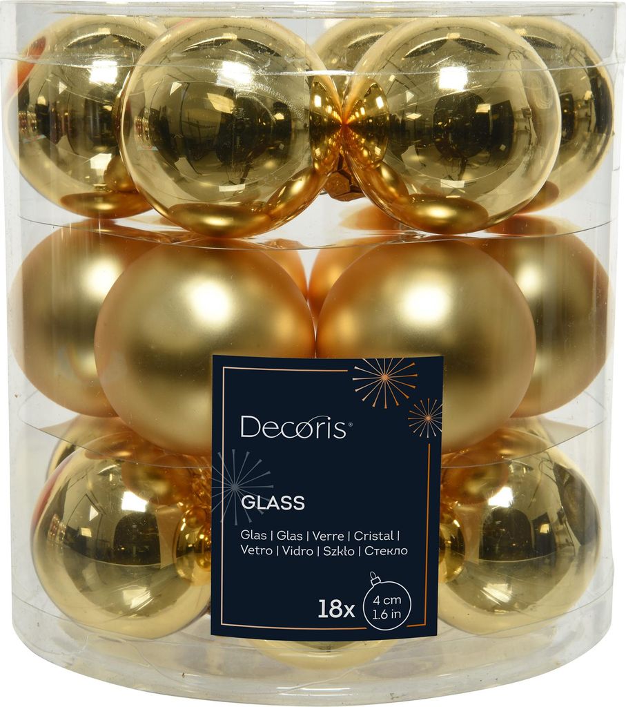 A clear, well-lit product shot of a package of gold Christmas ornaments.