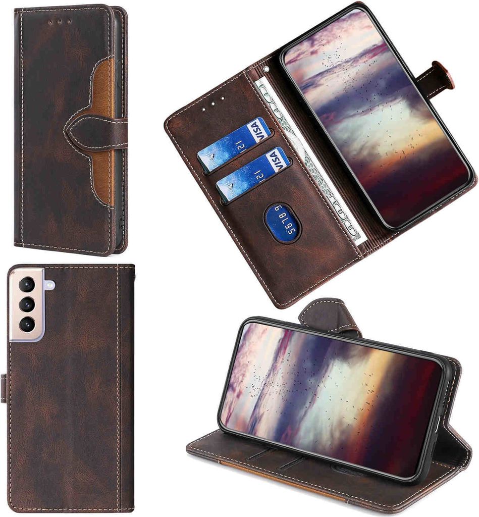 Für Samsung Galaxy S21 FE Design Handy Tasche Braun Etuis Schutz Kunst-Leder Neu