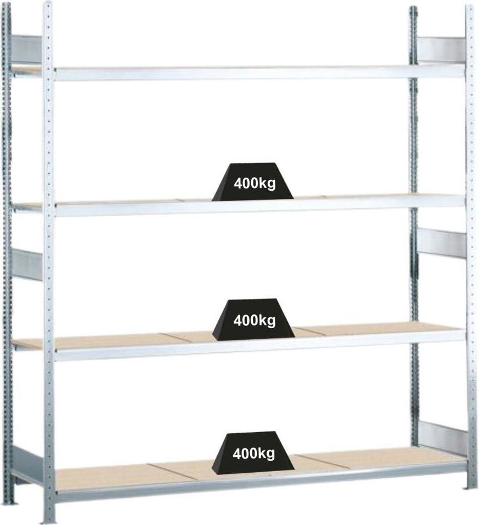 Schulte Weitspannregal mit Spanplatten WS 2000 | Grundregal | HxBxT 250x250x40cm | 4 Ebenen | Fachlast 400kg | Verzinkt