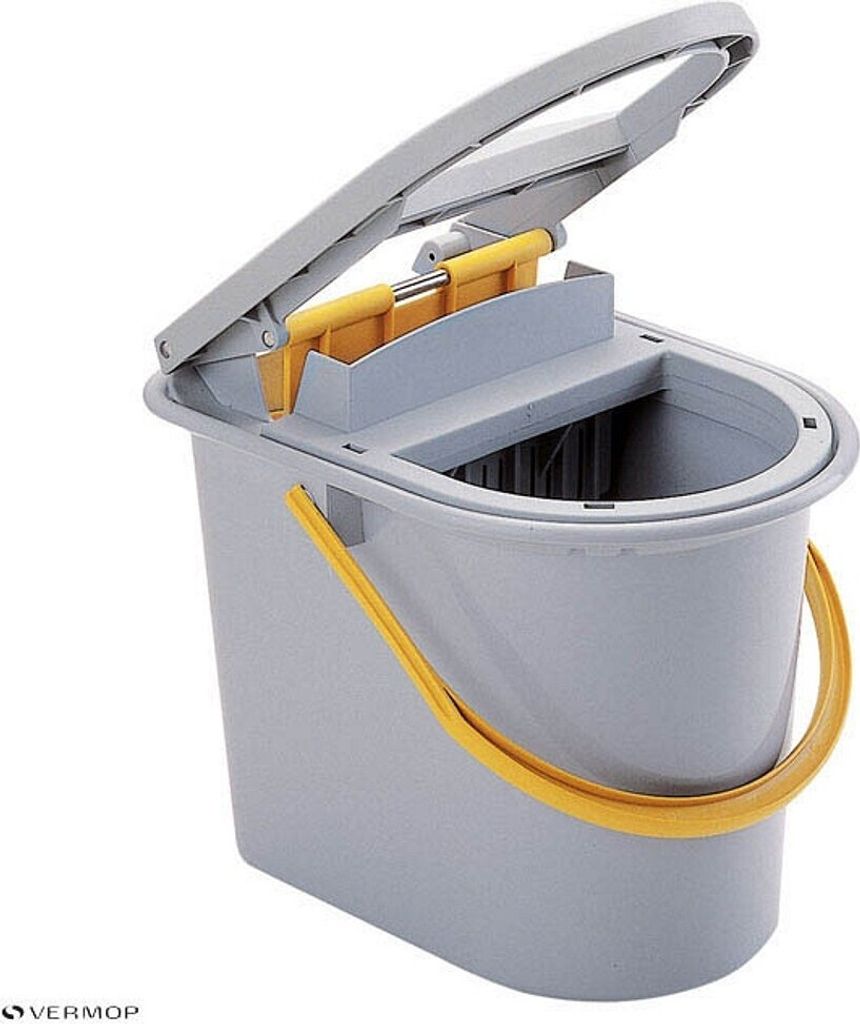 A gray mop bucket with a yellow handle and wringer mechanism is shown against a white background.