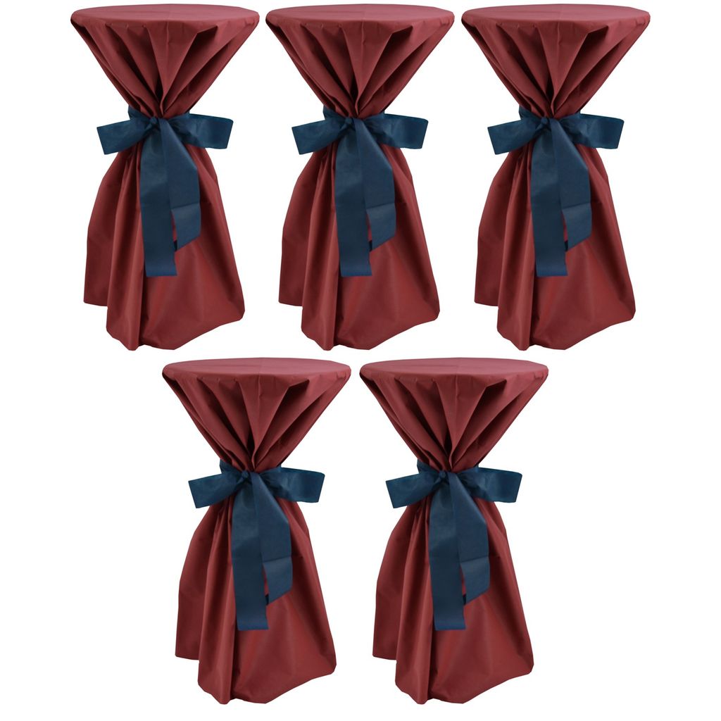 5 Stück Stehtischüberwürfe Sensalux, Überwurf bordeaux Schleifenband blau