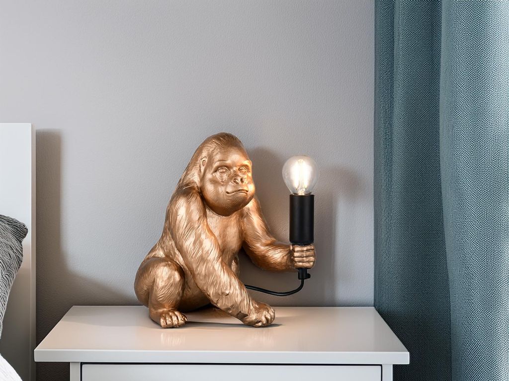 Coole besondere LED Tischlampe ausgefallene Affenlampe Gorilla Gold, Höhe 23cm