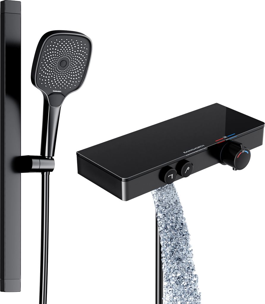 A black shower fixture set with a hand shower on a rail and a thermostatic mixer with a waterfall spout.