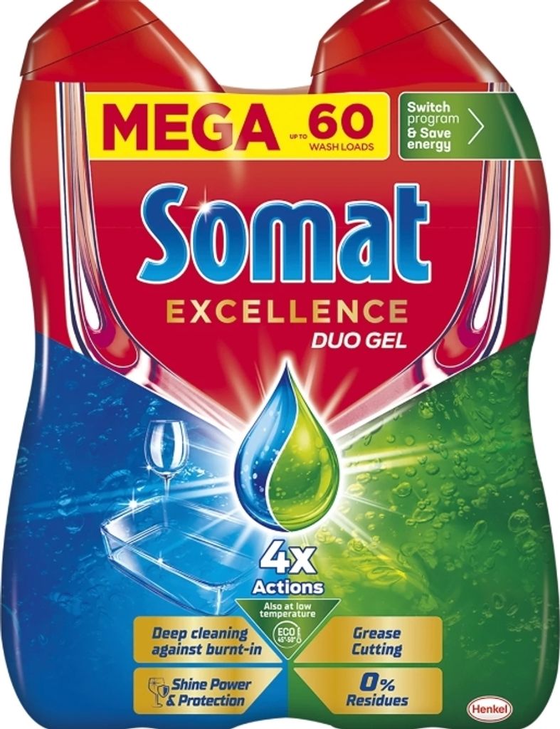 A product shot of a dishwasher detergent bottle with marketing text and graphics.