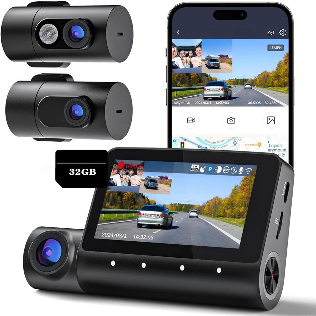 Dashcam Auto,3-Kanal 4K+1080P+1080P Autokamera,mit 3 Zoll-Bildschirm,170 ° Weitwinkel,Dasch-Cam Infrarot Nachtsicht , Autokamera mit Parküberwachung