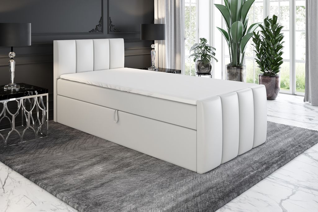 Boxspringbett, Jugendbett FUNI 80x200 (Links) mit Bettkästen, Bonell-Matratze und Topper. Farbe: Weiß.