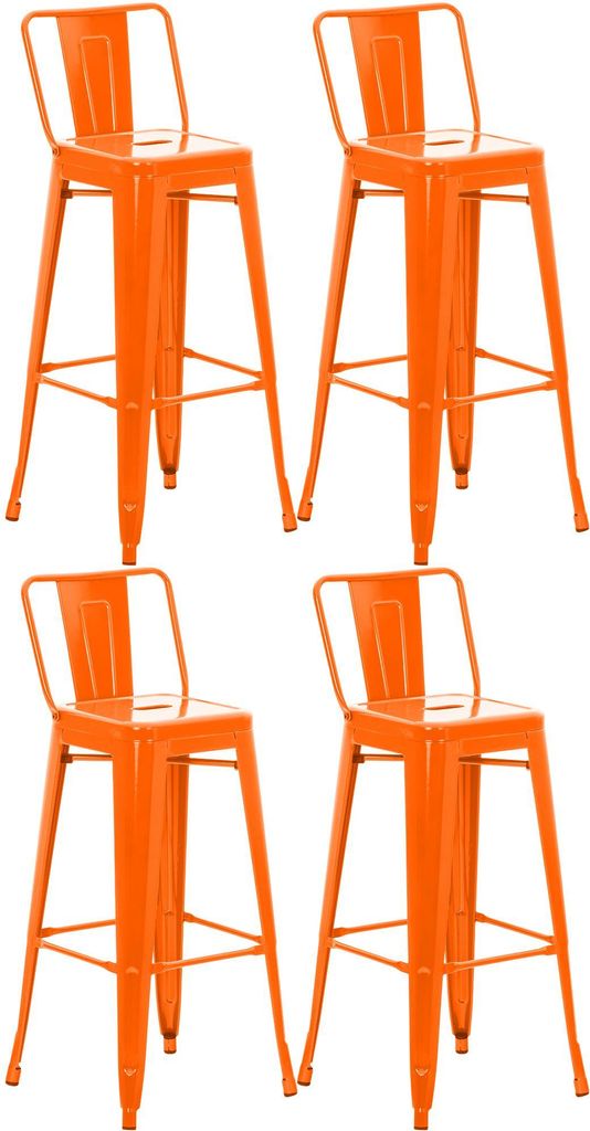 Four orange bar stools are arranged in a two-by-two grid against a white background.