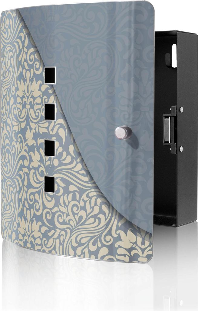 banjado Design Schlüsselkasten aus Edelstahl für 10 Schlüssel, Schlüsselschrank 24 x 21,5 x 7cm groß mit Magnetverschluss, Blaues Ornament [BW...
