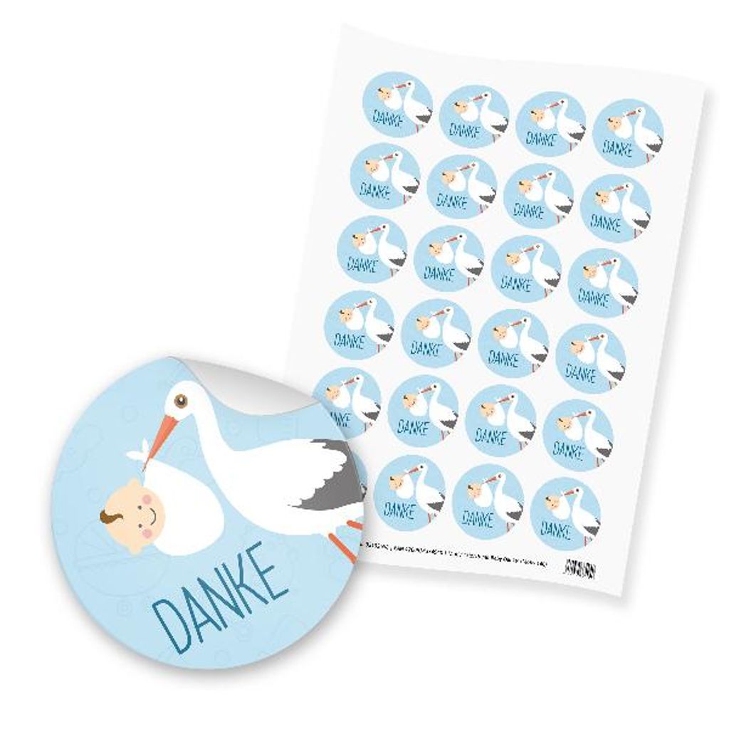 itenga 24x Sticker "Danke / Storch mit Baby" (Motiv 140) hellblau pastell