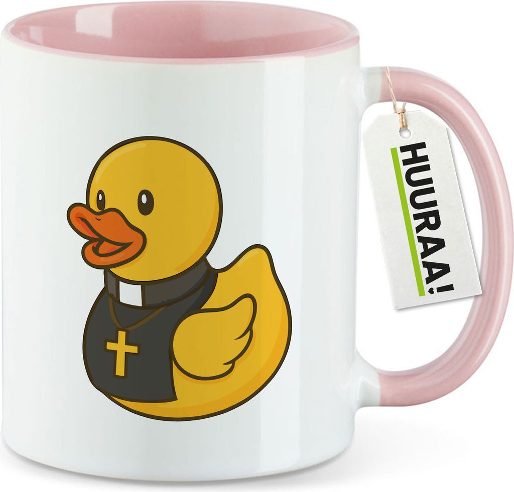 Huuraa Kaffeetasse Quietscheente Pfarrer Comic Gummiente 330ml Rosa Keramik Kaffeebecher Geschenkidee