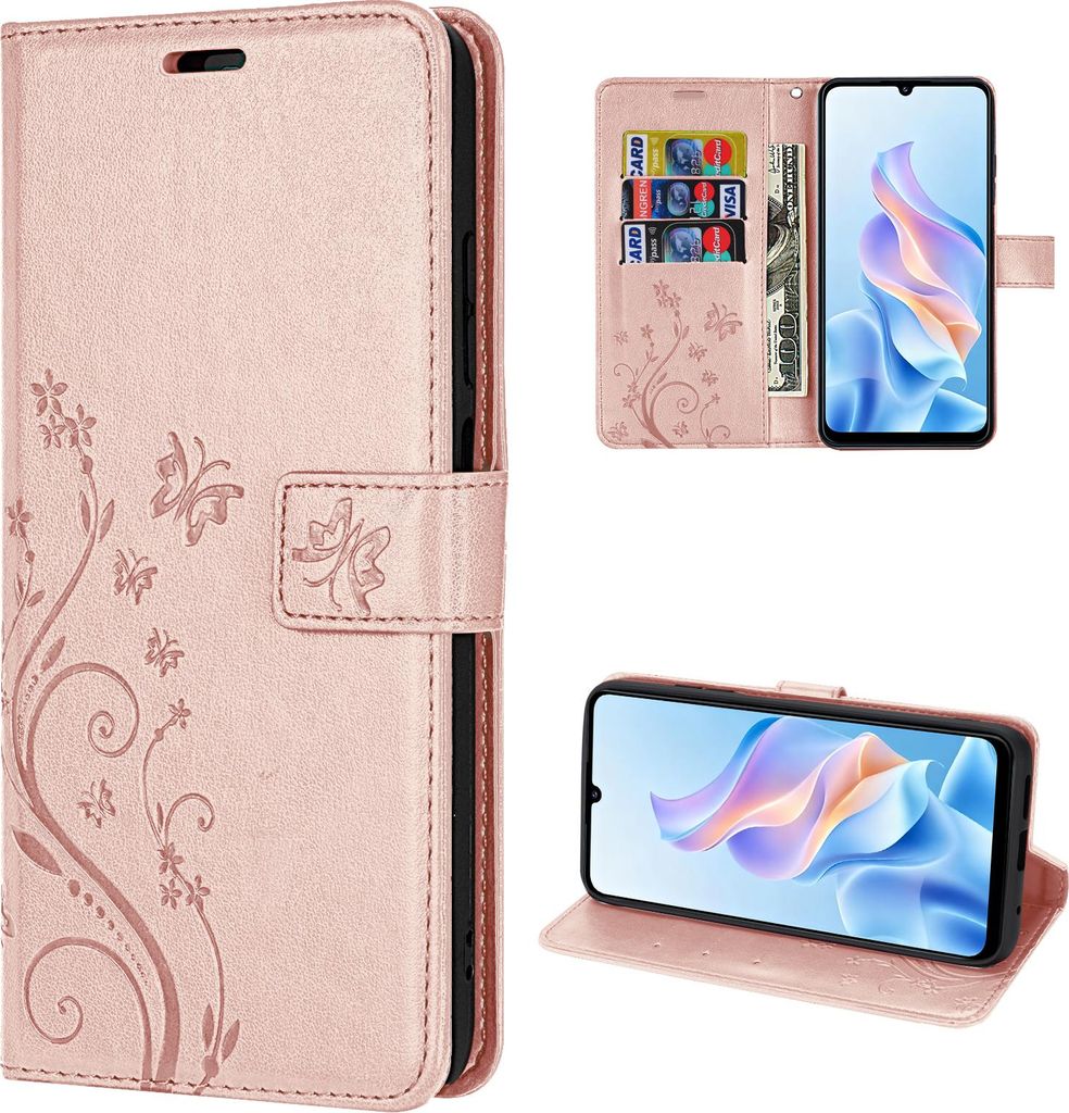 A collage of images showing a rose gold flip phone case with a floral design, including a view of the case open with cards and cash inserted, and a view of the case with the phone inside.