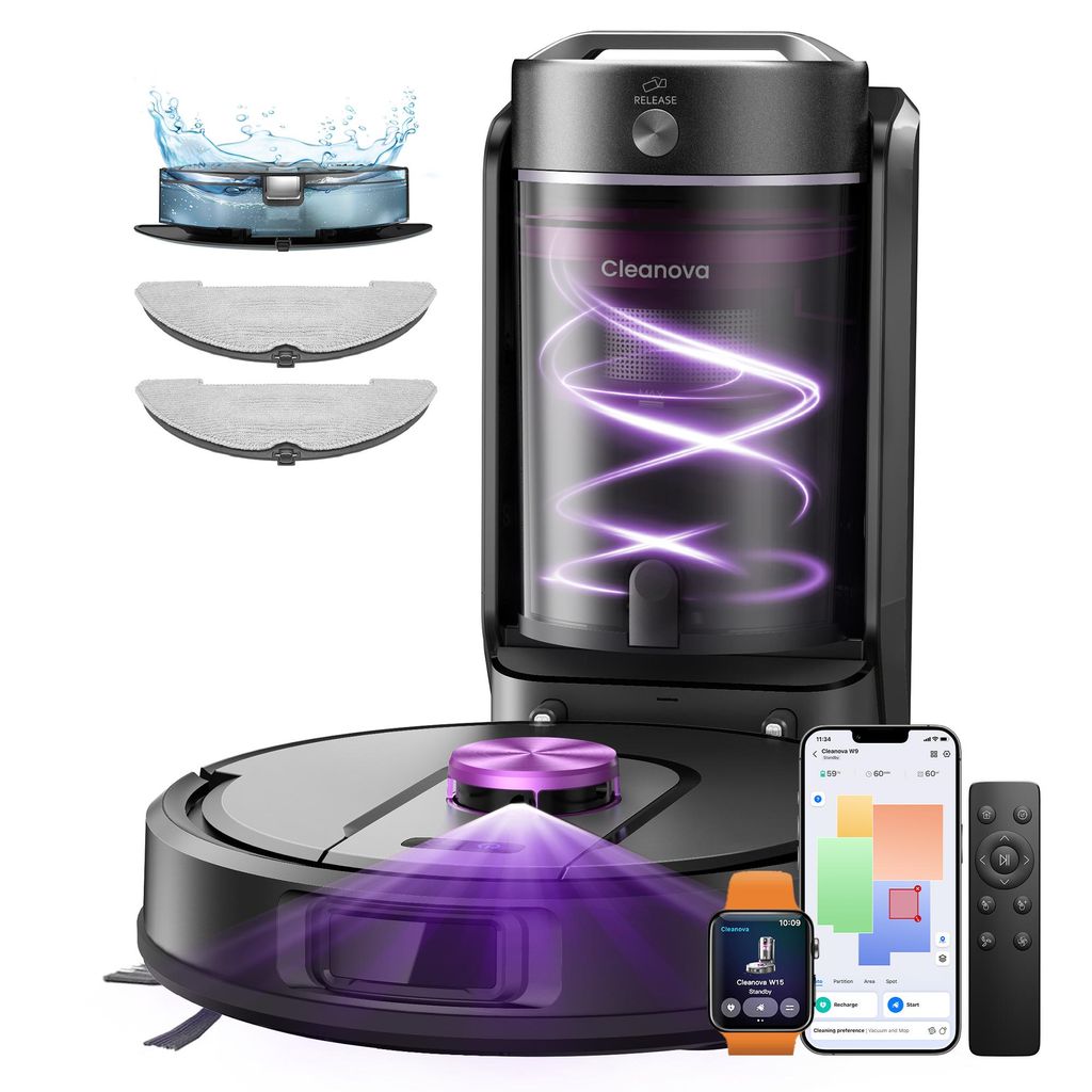 A robot vacuum cleaner and its accessories are displayed against a white background.