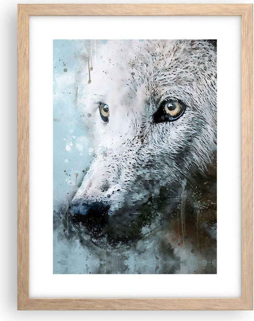 Gerahmtes Poster - Rahmen in heller Eiche - Weiß Der Wolf Bild - 30x40 cm - Wand Bild - Wanddeko - Wandbilder - Kunstposter - Wandposter - Bilderr...