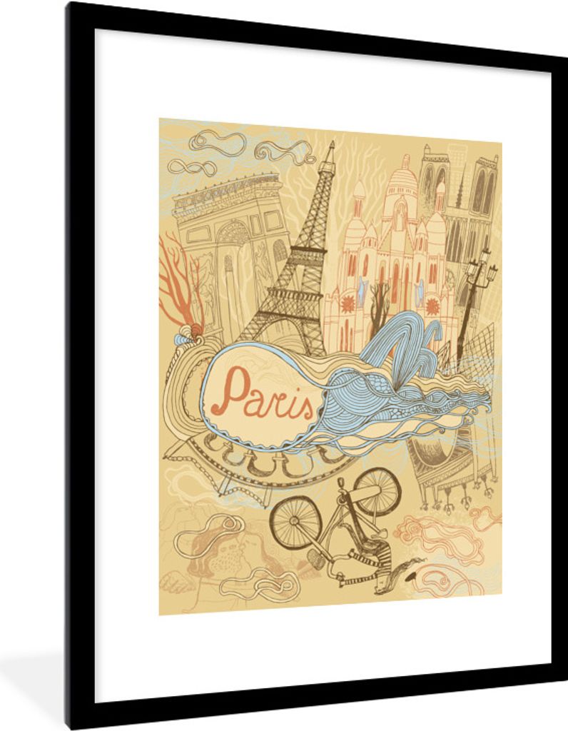 MuchoWow Gerahmtes Poster Paris - Frankreich - Zeichnung 60x80 cm - Poster mit Schwarzem Bilderrahmen Wandposter Rahmen Foto Bilder - Wohnzimmer ...