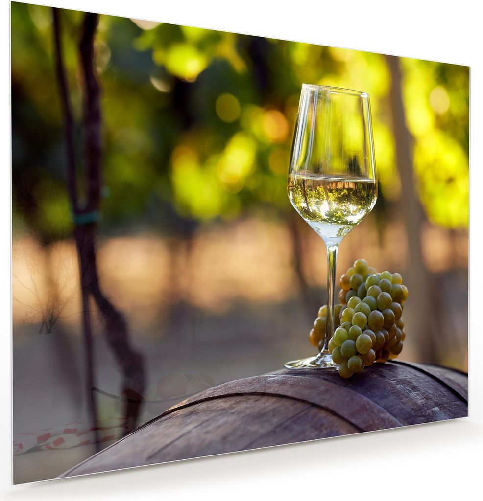 Glasbild Wandbild Glas Weisswein auf Barrel 75x60cm in XXL für Wohnzimmer, Schlafzimmer, Badezimmer, Flur