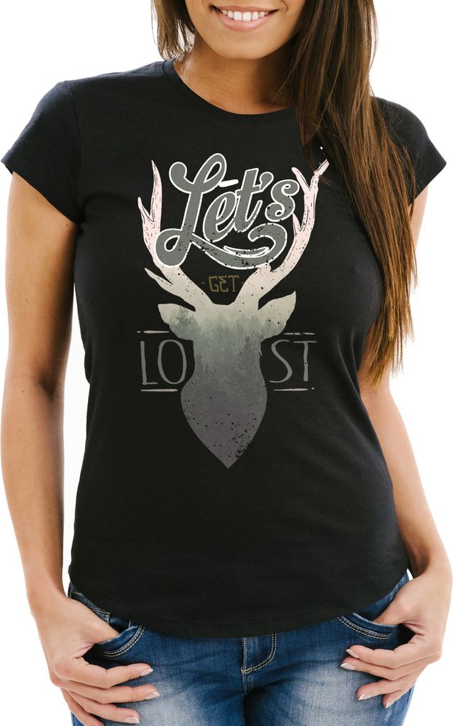 Damen T-Shirt Hirsch Geweih Kopf Deer - Let`s get lost - Adventure Neverless schwarz L