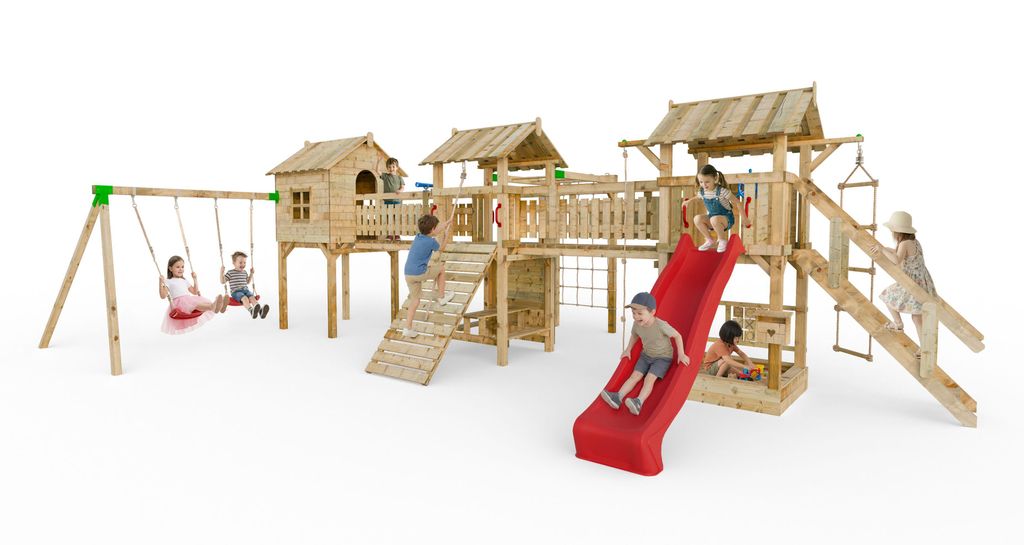 Großer Kinderspielplatz VERGNÜGUNGSLAND mit Spielbereich, Turm, 2x Schaukel, Rutsche und Brücke, PRODUZENT