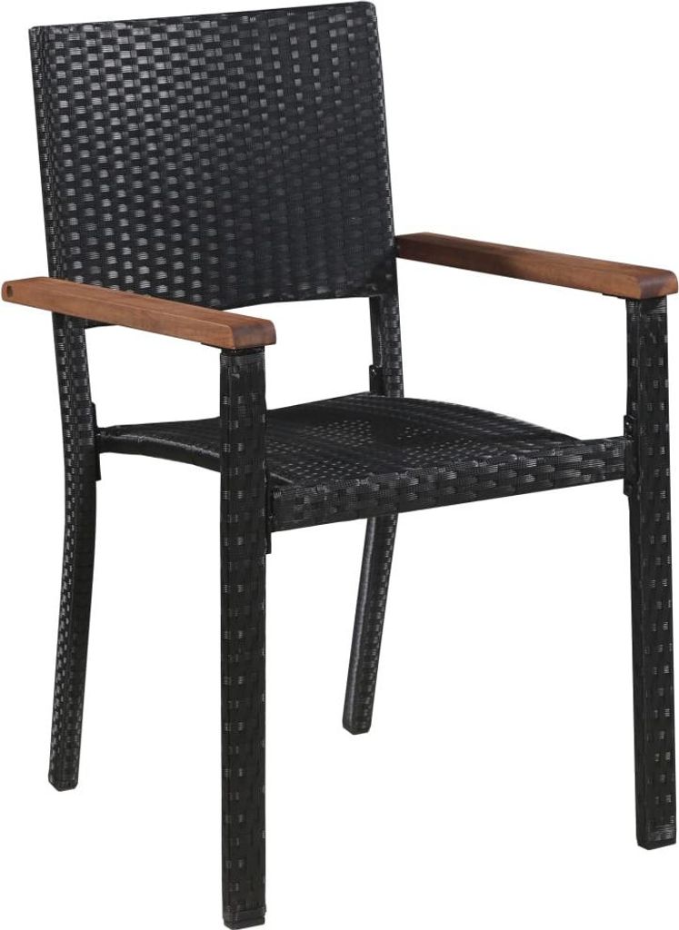 A single black rattan chair with wooden armrests on a white background.