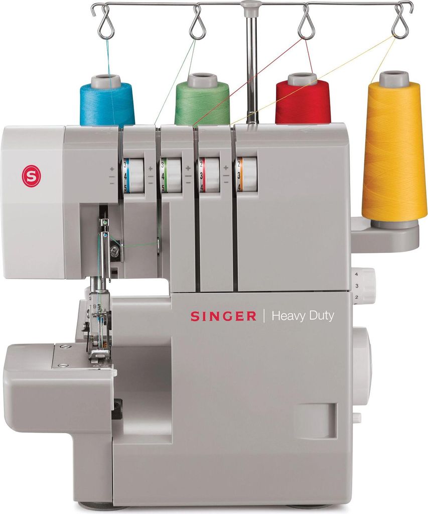 A gray Singer Heavy Duty overlock sewing machine with four spools of thread on top.