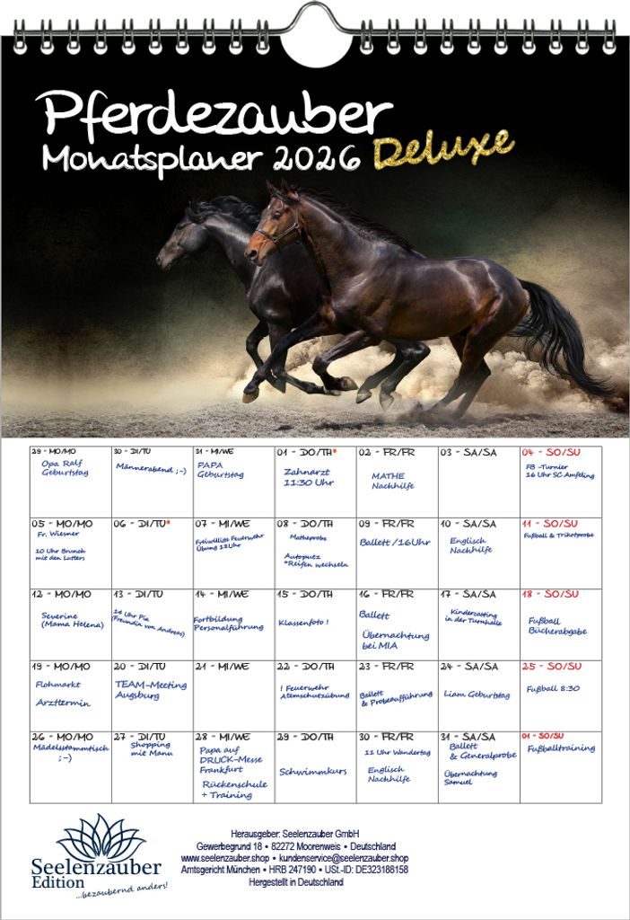 Pferdezauber DELUXE Planer DIN A4 Kalender für 2026 Pferde - Seelenzauber