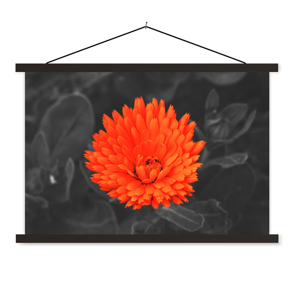 MuchoWow Textilposter Blumen - Orange - Schwarz - Weiß 90x60 cm mit schwarzem Rahmen - Aufhängungssatz