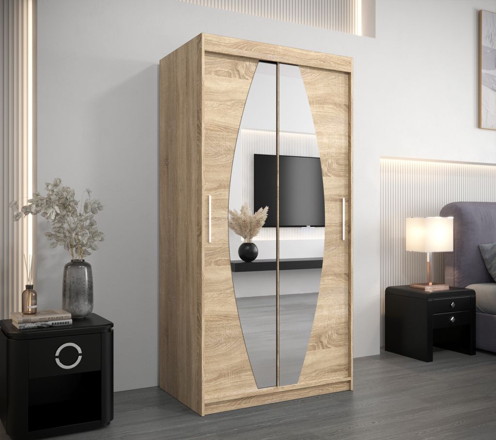 Kleiderschrank mit Spiegeln TAMARA – Breite 100 cm, Eiche sonoma