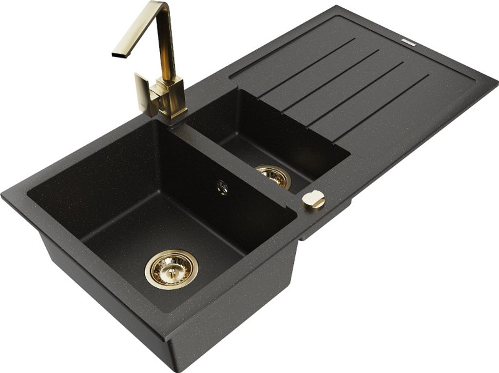 Mexen Andres 1,5-Becken-Granitspüle mit Abtropffläche und Mischbatterie Rita, Schwarz/Gold metallisch- 6515-75-670300-50