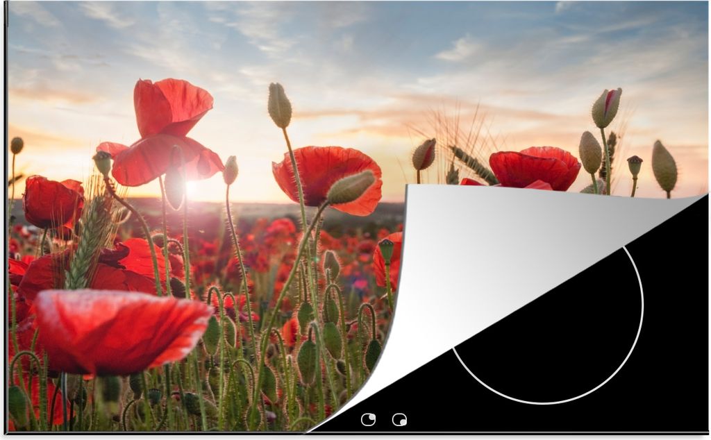 KitchenYeah Herdabdeckplatte Sonnenuntergang hinter den schönen Mohnblumen , 80x52cm, Küche Deko, Glaskeramikkochfeld Herdabdeckung, Abdeckplat...
