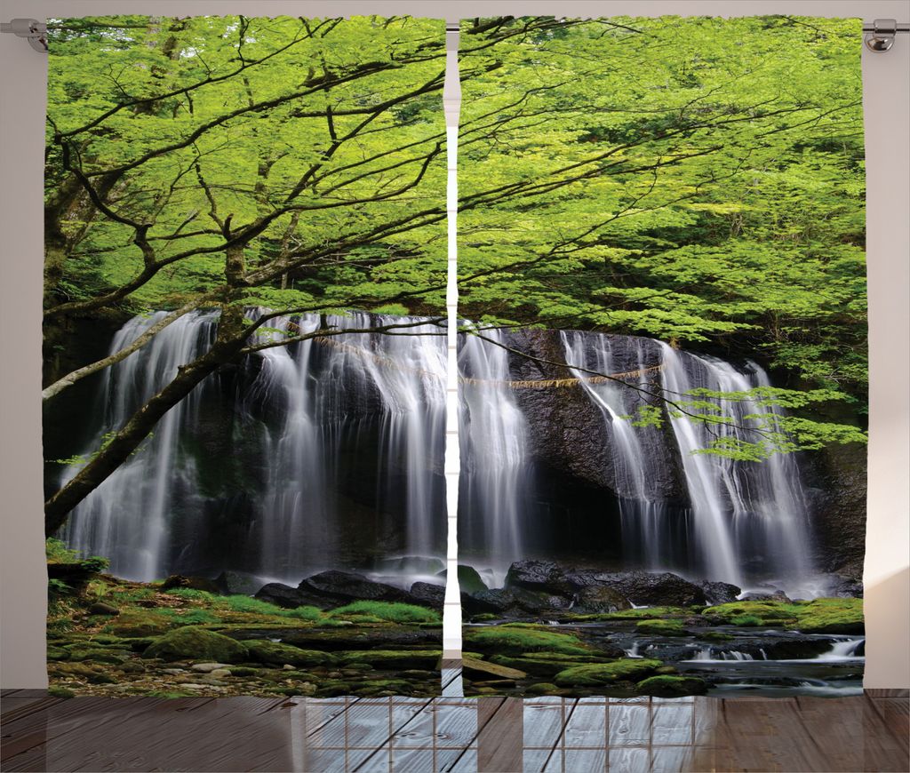 ABAKUHAUS Wasserfall Rustikaler Gardine, Baum Fels in Wasserfall, Schlafzimmer Kräuselband Vorhang mit Schlaufen und Haken, 280 x 245 cm, Schwarz ...