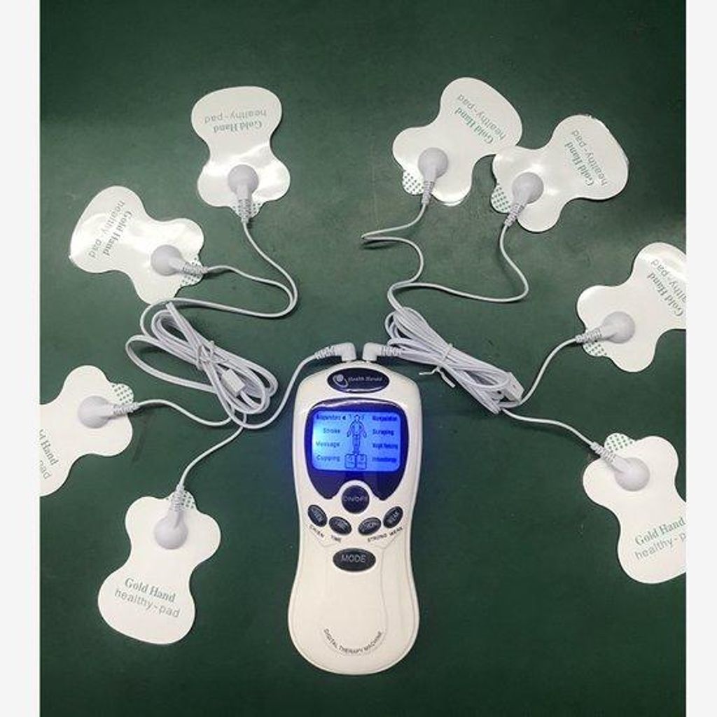 Elektrisches Trainingsgerät mit vier Funktionen, einschließlich Massage, für Muskeltraining mit elektrischer Stimulierung.
